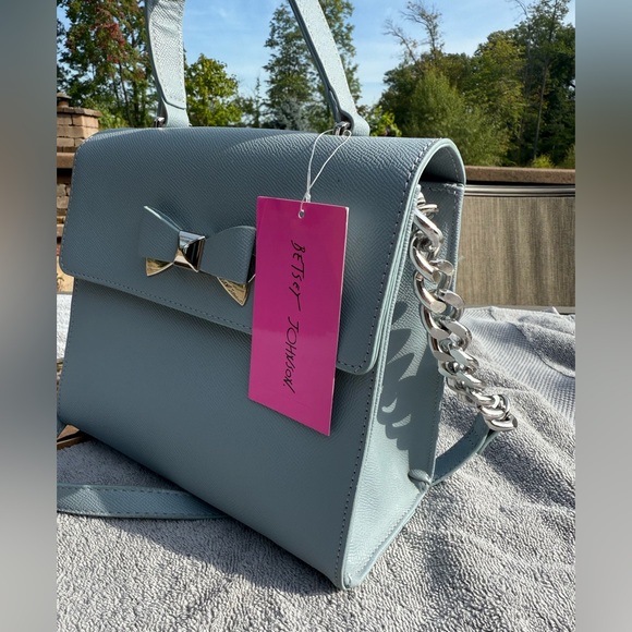 NWT! Betsy Johnson Devin Satchel Top Handle Crossbody Bag Blue Bow Chain Strap - Picture 6 of 13